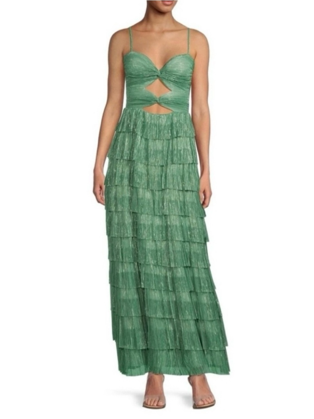 Gianni Bini Green Tiered Fringe Cutout Maxi Dress